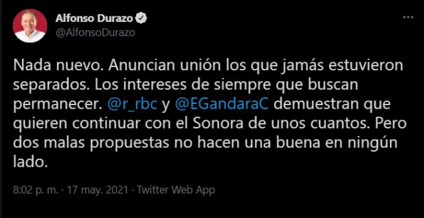 Alfonso Durazo se pronuncia sobre el acuerdo entre Ricardo Bours y Ernesto Gándara en Sonora.