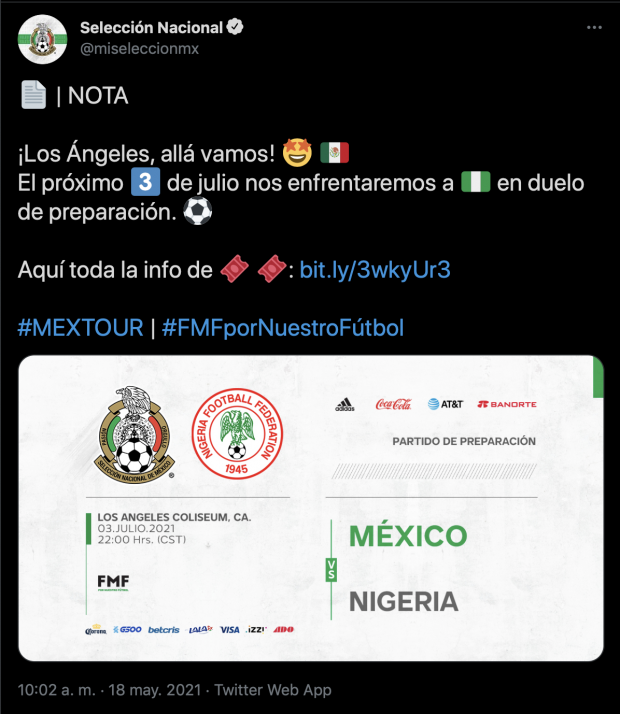 La Selección Nacional de México presenta partido ante Nigeria.