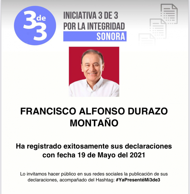 Alfonso Durazo se registra a la Iniciativa 3 de 3 por la integridad Sonora.