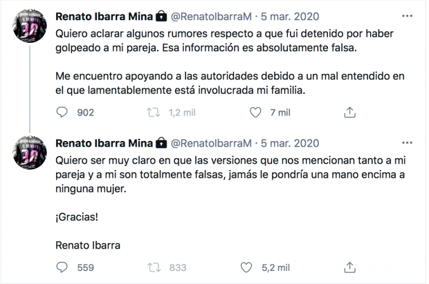 Renato Ibarra no ocupa su Twitter desde el problema con su esposa.