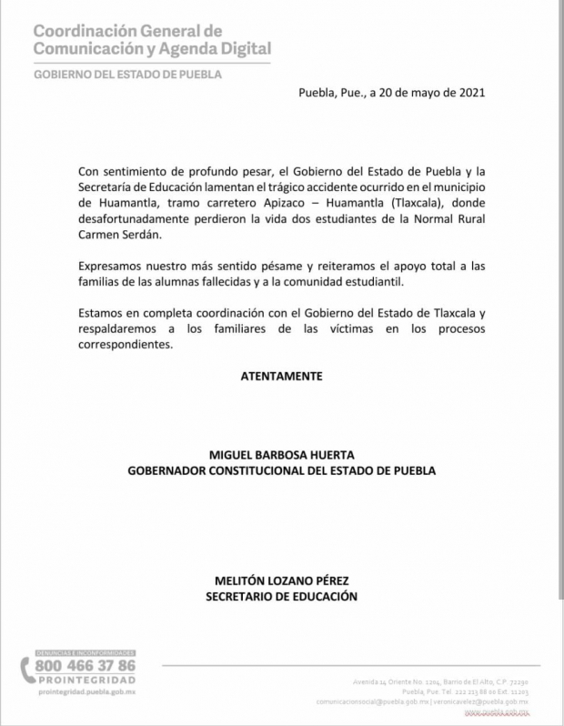 El gobierno de Puebla confirmó el accidente