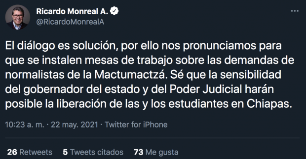 Mensaje de Ricardo Monreal vertido en su cuenta de Twitter.