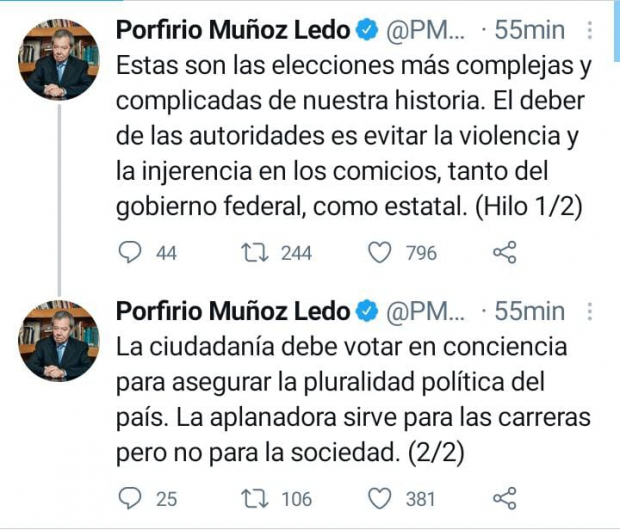 Porfirio Muñoz Ledo pidió en su cuenta de Twitter que no haya injerencia de ningún gobierno.