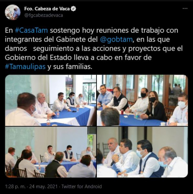 Francisco García Cabeza de Vaca publicó en redes que tuvo una reunión de trabajo con su gabinete en Casa Tamaulipas.