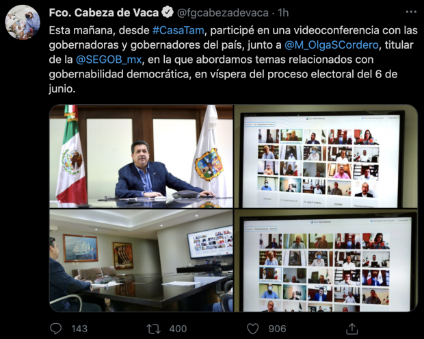 Mensaje vertido en la cuenta de Twitter del gobernador de Tamaulipas.