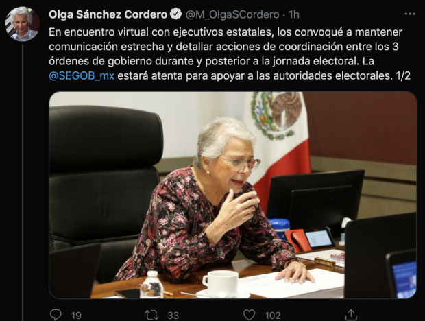 Mensaje publicado en cuenta de Twitter de la secretaria de Gobernación.