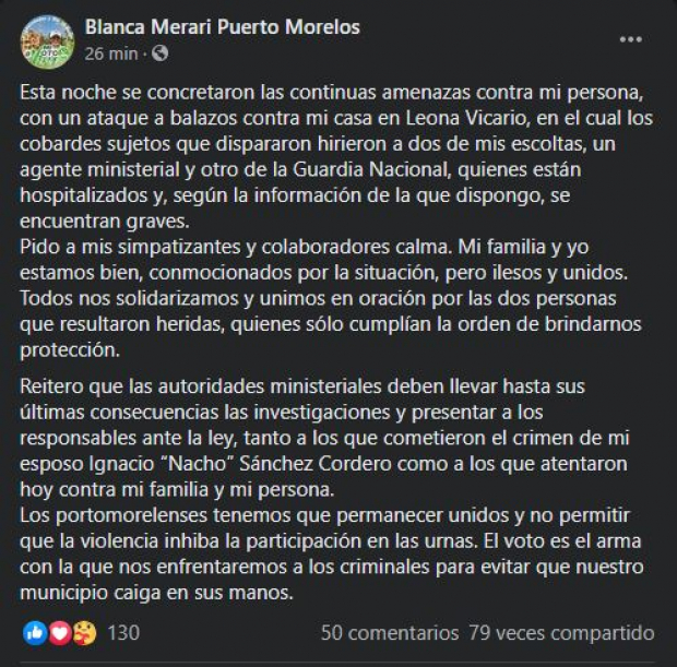 Publicación de Blanca Merari Tziu, candidata de la alianza PVEM, Morena y Partido del Trabajo a la alcaldía de Puerto Morelos, Quintana Roo..