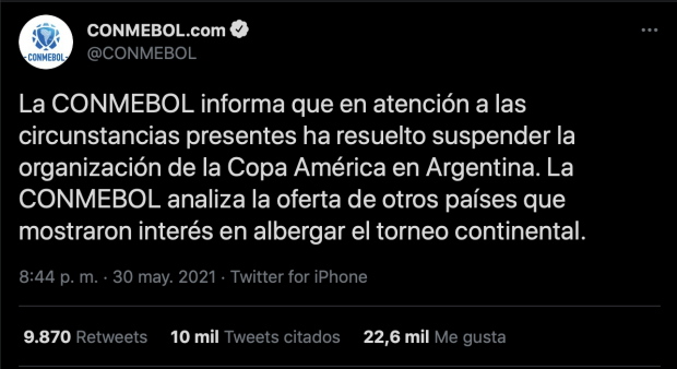 La Conmebol dio a conocer que la Copa América no se jugará en Argentina.