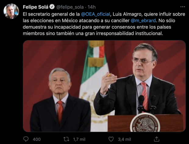 Mensaje publicado en la cuenta de Twitter de Felipe Solá, canciller argentino.