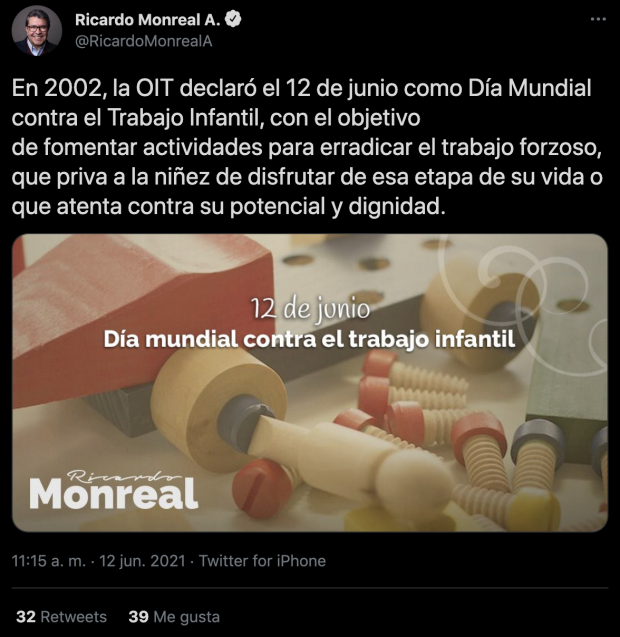 Mensaje publicado por Ricardo Monreal en su cuenta de Twitter.