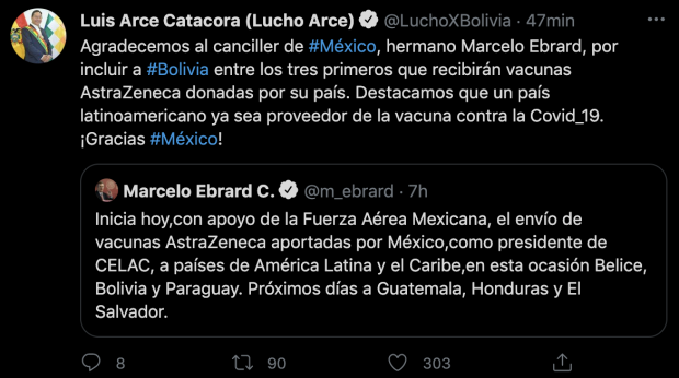 Mensaje publicado en la cuenta de Twitter de Luis Arce, presidente de Bolivia.