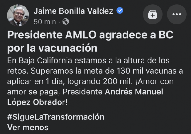 Mensaje de Jaime Bonilla en redes sociales.