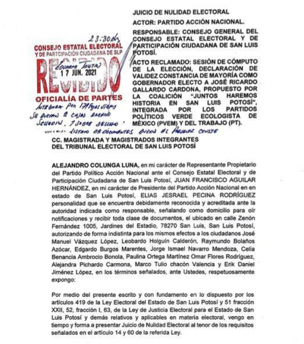 Solicitud de impugnación de la alianza "Va por San Luis Potosí" en elecciones a gobernador.