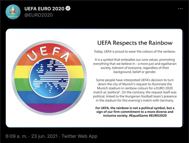 UEFA da su postura en el caso de la iluminación con la bandera del arcoíris.