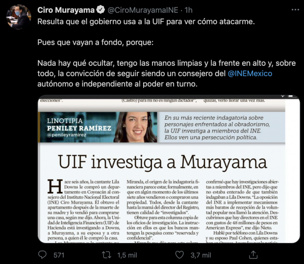 Mensaje de Ciro Murayama en su cuenta de Twitter.