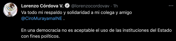 Mensaje de Lorenzo Córdova mediante su cuenta de Twitter.