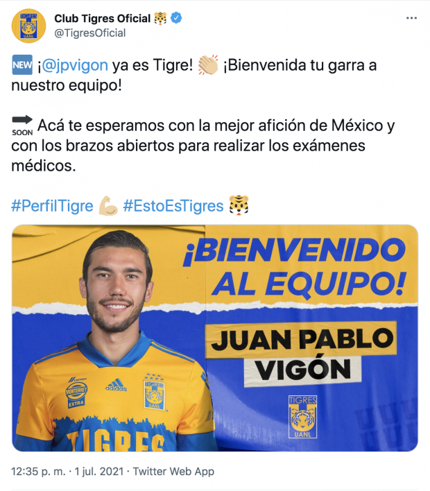 Tigres anunció a Juan Pablo Vigón como su nuevo fichaje.