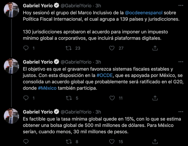 Mensajes publicados en la cuenta de Twitter de Gabriel Yorio.