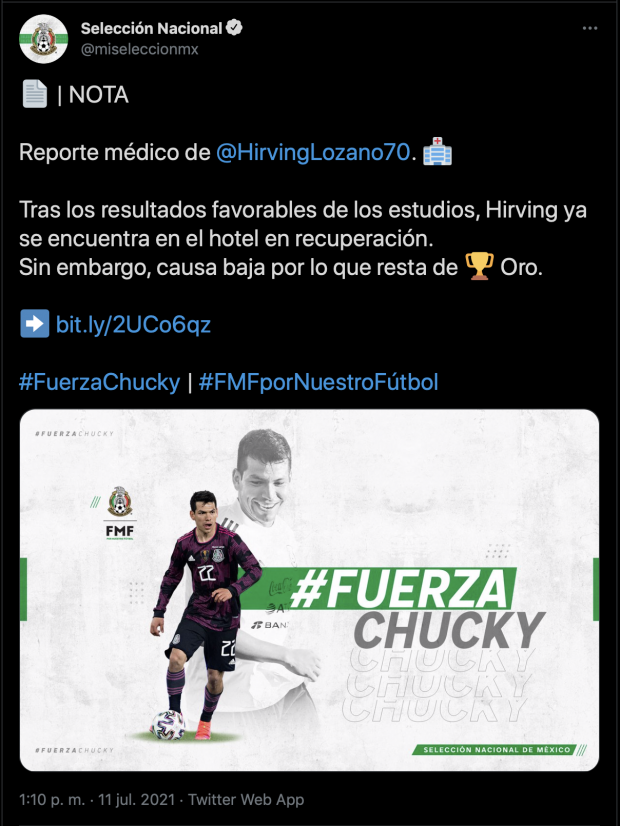 "Chucky" Lozano se pierde el resto de la Copa Oro.