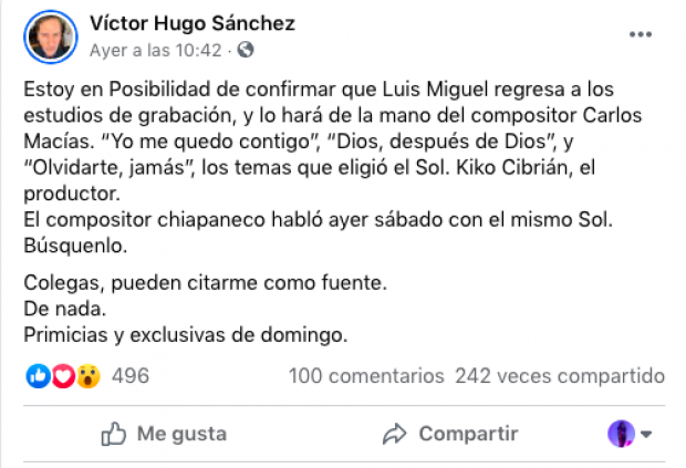 Víctor Hugo Sánchez revela las intenciones de Luis Miguel de volver al estudio