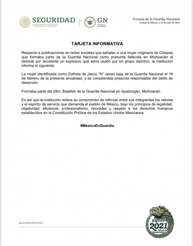 Comunicado de la Guardia Nacional respecto a la mujer que murió al detonar un explosivo en Michoacán.