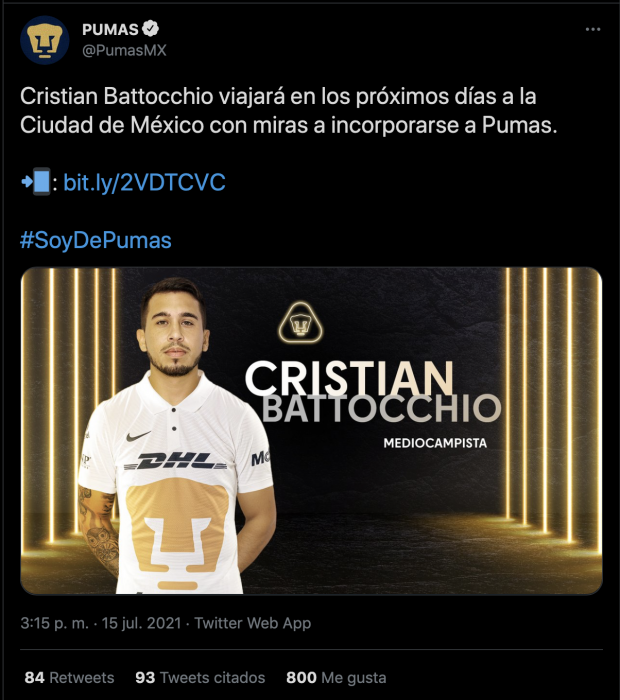 Cristian Battocchio llegará en los próximos días a la CDMX para reportar con Pumas.