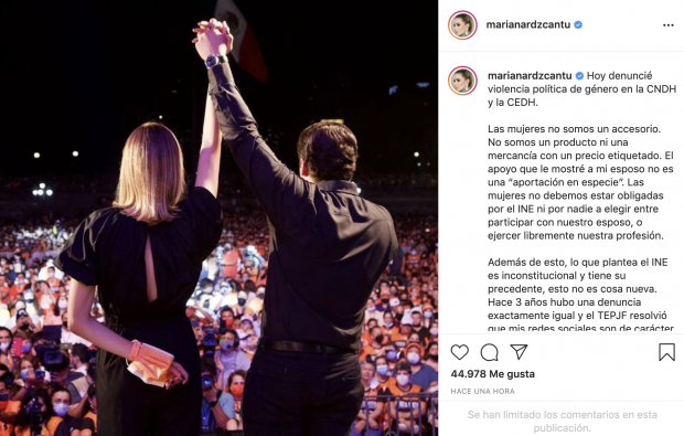 Publicación de Mariana Rodríguez en su cuenta de Instagram.