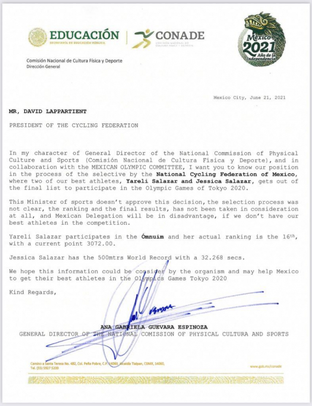 Documento presentado ante la Federación de Ciclismo.