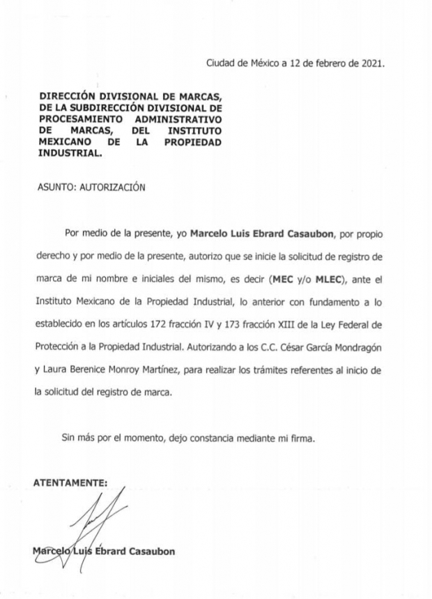 Carta de autorización de Marcelo Ebrard para registrar su nombre como marca.