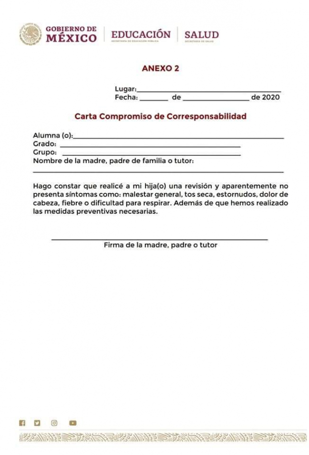 Formato de la Carta Compromiso de Corresponsabilidad para un regreso seguro a clases presenciales