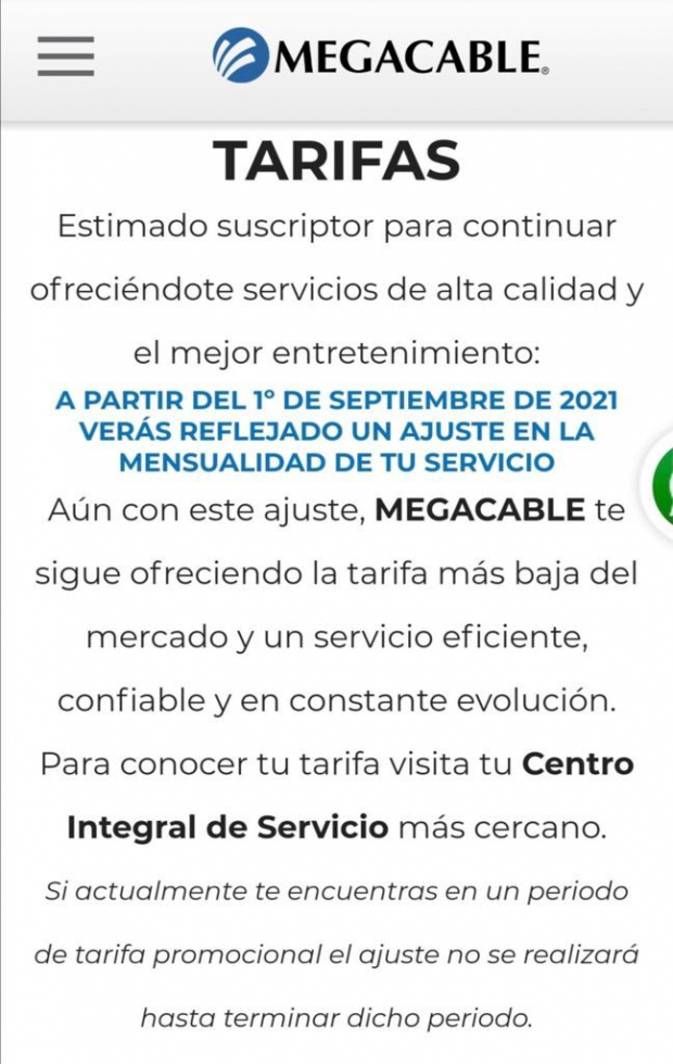 Megacable anuncia alza en sus precios.