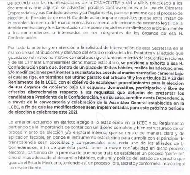 Parte del documento de la Secretaría de Economía a Concamin