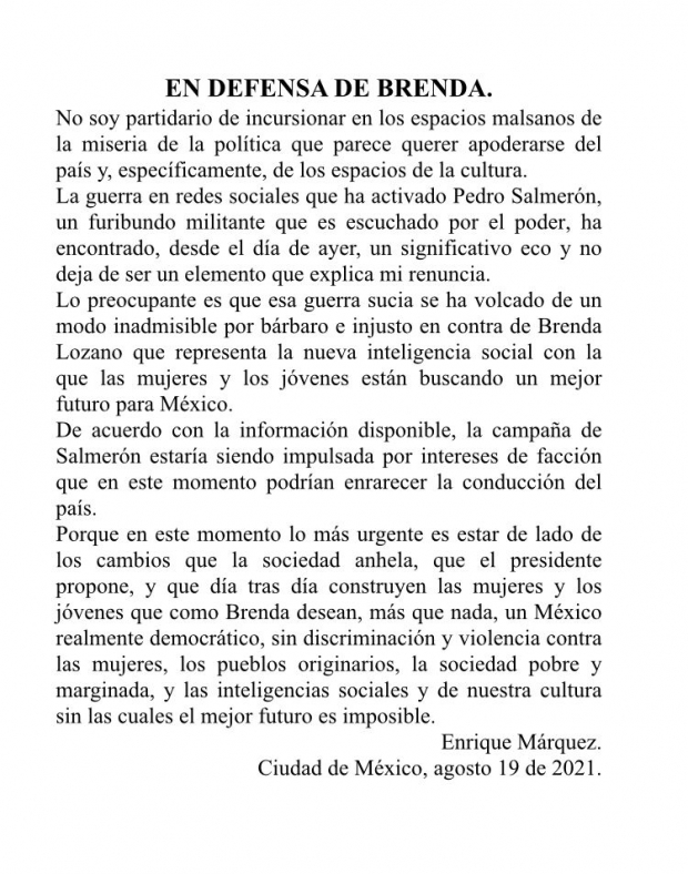 Carta difundida por Enrique Márquez.