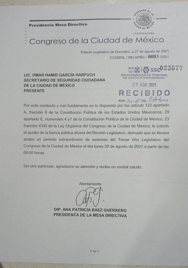 Mesa directiva del Congreso CDMX solicitó fuerza pública desde el 27 de agosto