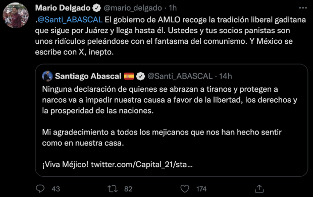 Mensaje publicado en la cuenta de Twitter de Mario Delgado, en respuesta a Santiago Abascal.