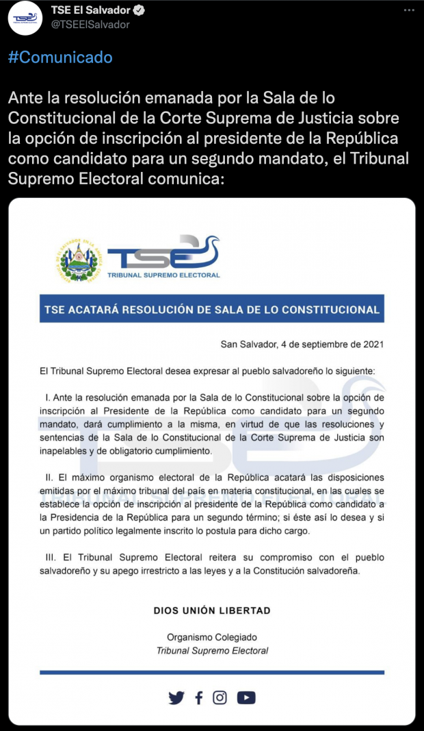 Comunicado del Tribunal Superior Electoral de El Salvador