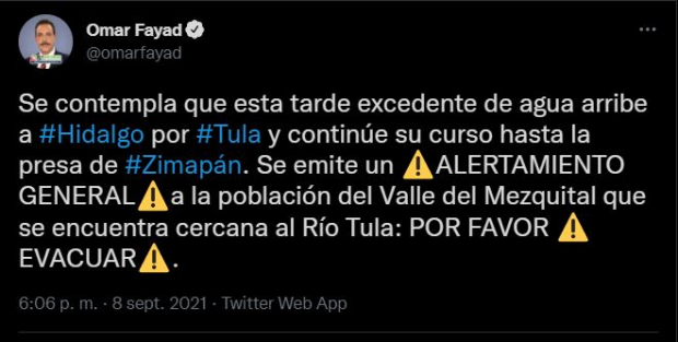 El gobernador de Hidalgo informó sobre el alertamiento en Tula.