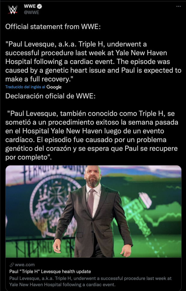 La WWE dio a conocer la noticia y el estado de salud de Triple H.