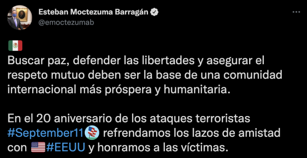 Mensaje publicado en la cuenta de Twitter de Esteban Moctezuma.