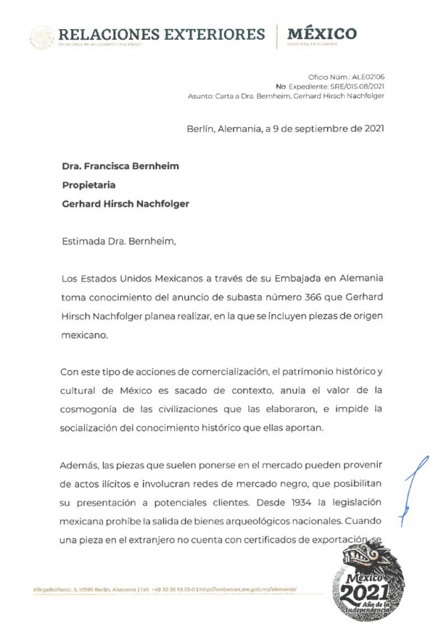 Carta que envió el embajador de México en Alemania.