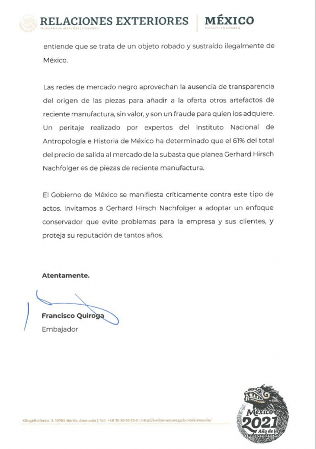 Carta que envió el embajador de México en Alemania.