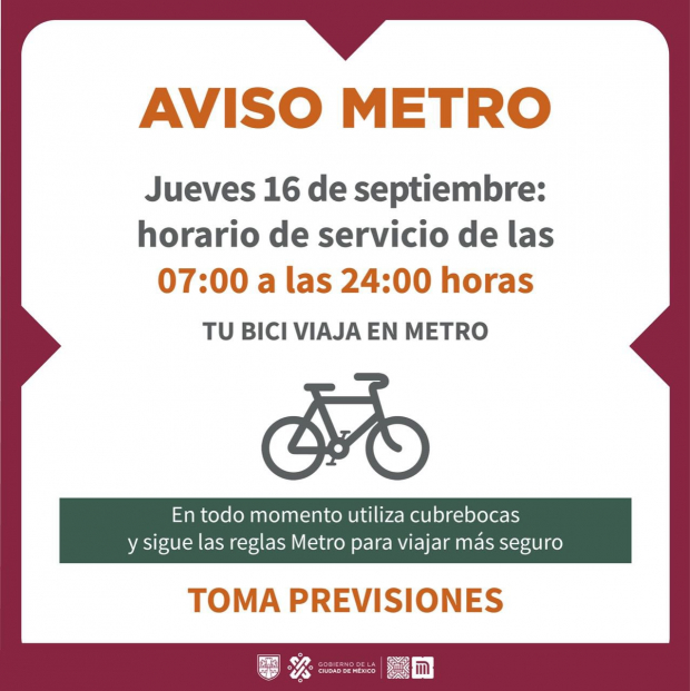 El Metro de la CDMX recordó que los usuarios podrán viajar con su bici este 16 de septiembre.