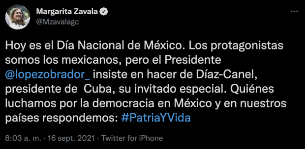 Mensaje publicado en la cuenta de Twitter de Margarita Zavala.