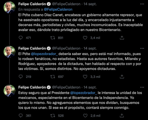 Mensajes publicados en la cuenta de Twitter del expresidente Felipe Calderón.