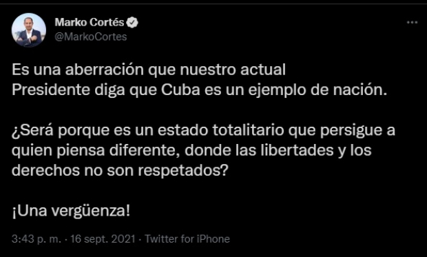 Mensaje publicado en la cuenta de Twitter de Marko Cortés.