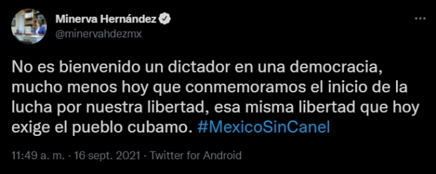 Mensaje publicado en la cuenta de Twitter de Minerva Hernández.