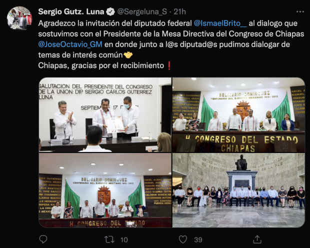 Mensaje publicado en la cuenta de Twitter de Sergio Gutiérrez Luna.