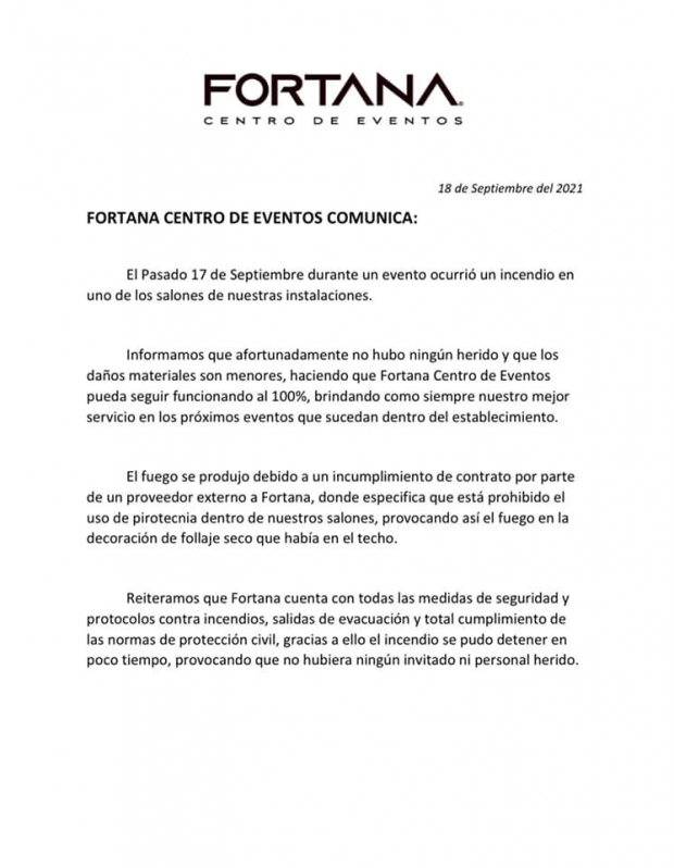 Fortana, empresa dueña del salón donde ocurrió el incendio, se pronunció respecto al incidente ocurrido el pasado 17 de septiembre en Torreón.