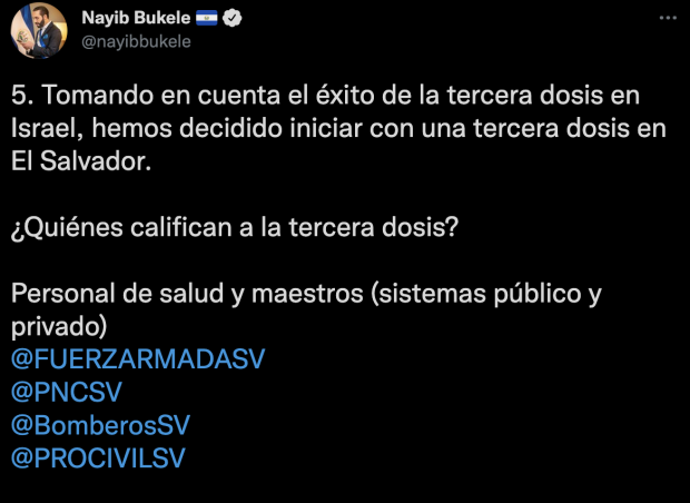 Mensaje publicado en la cuenta de Twitter del presidente de El Salvador.