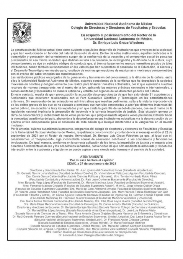 Carta en la que las y los directores de la UNAM condenan las acusaciones en contra de los científicos del Conacyt